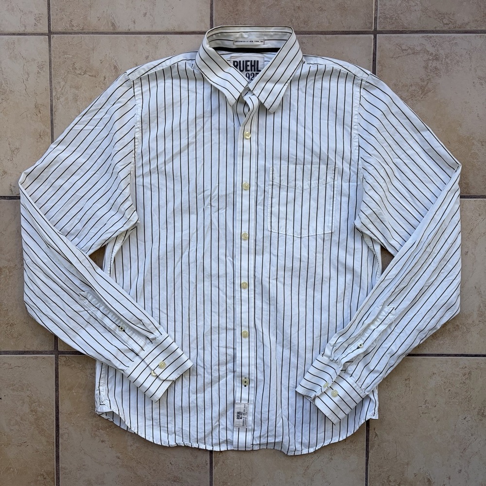 Ruehl Shirt Mens XL White‎ Olive Striped Button Up Cotton Preppy Ivy Coastal Y2K